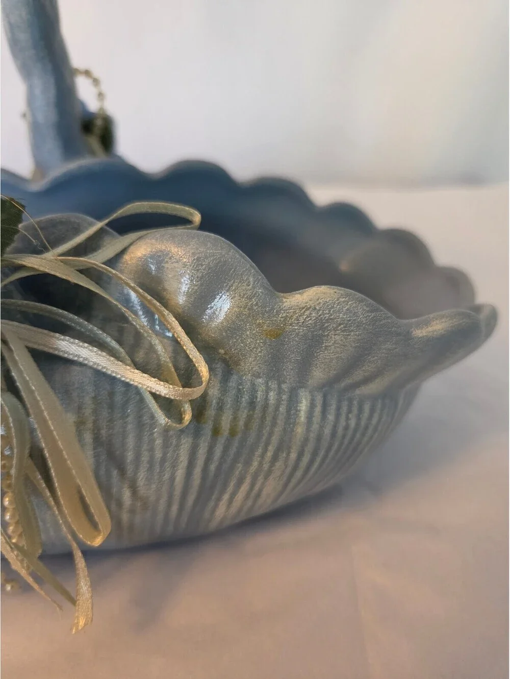 Vintage Blue Decorative Basket with Floral Accents